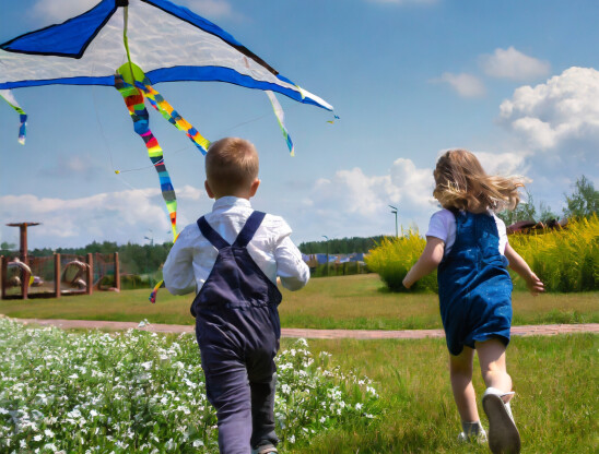 Dzieci biegną po trawie za latawcem